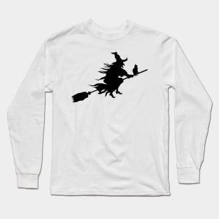 Silhouette of Witch and Cat Flying on Broomstick Long Sleeve T-Shirt